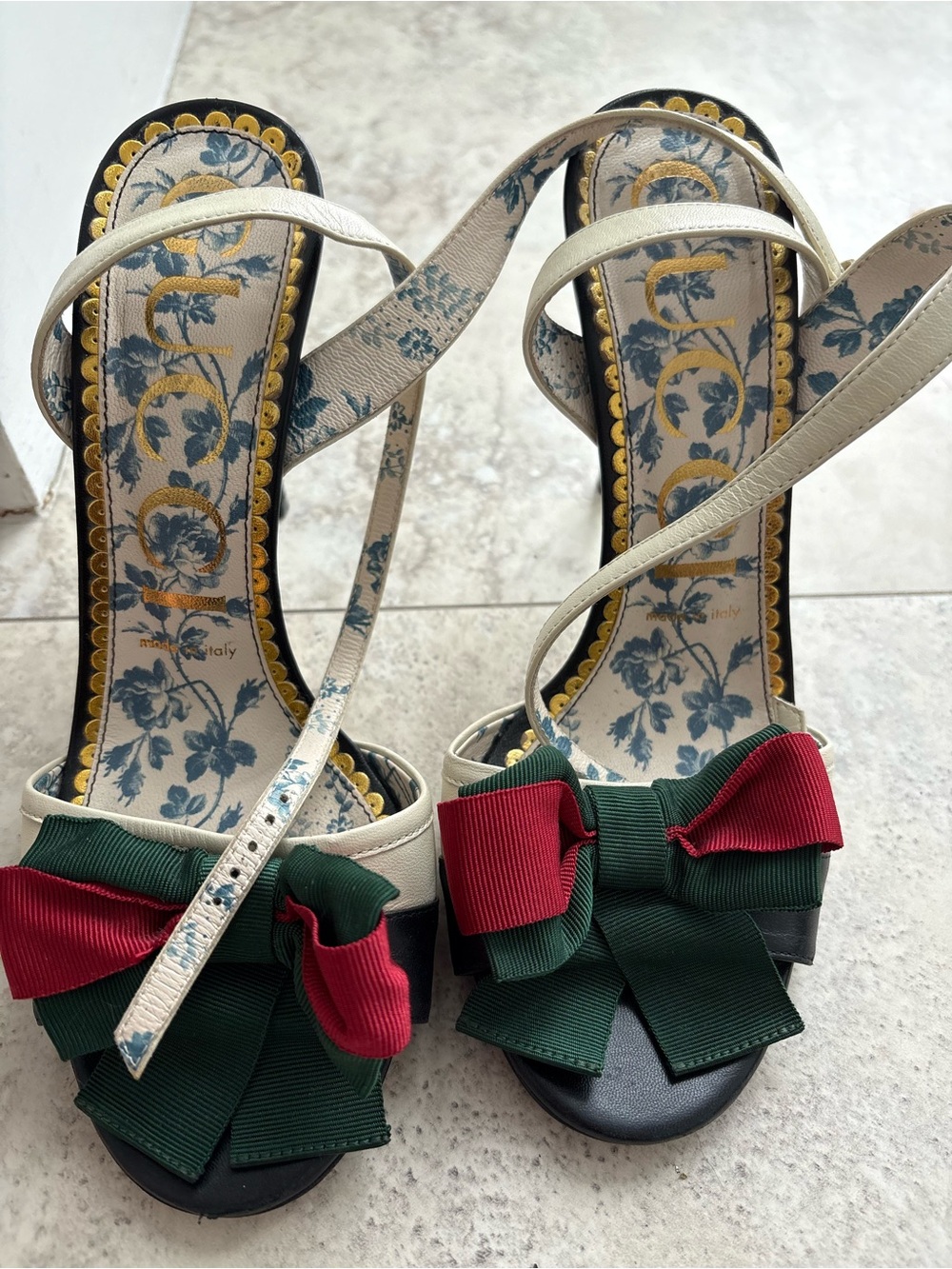 Gucci Ivory Strappy Heels with Green & Red Bow Detail